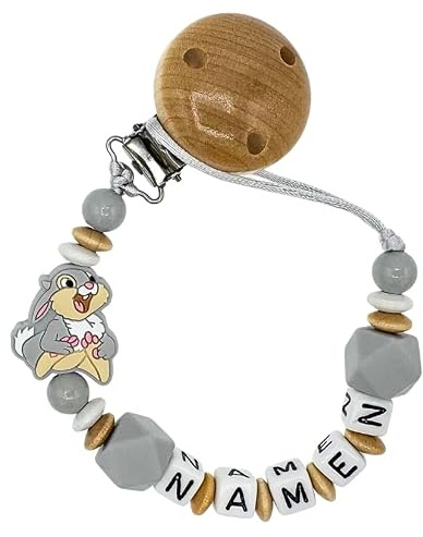 Nuckelkette mit Namen  HASE/KANINCHEN  Natur Hellgrau Weiß/Baby/Unisex/Personalisiert/HANDMADE