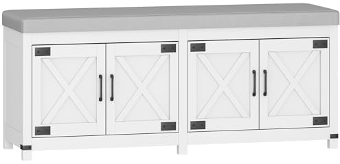 Hzuaneri Shoe Storage Bench with 4 Barn Doors and Padded Seat, White | 2 Tier Shoe Rack Bench with Adjustable Shelves, Shoes Cabinet with Cushion for Hallway, Living Room, Entryway, SB31203GY