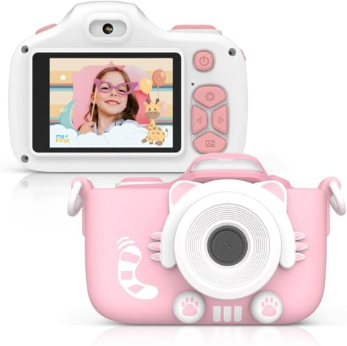 myFirst Kids Camera 3 Full HD 16MP Front HD Digitalkamera und Selfie & Makroobjektiv, Speicherkartenspeicher bis zu 32 GB, Kinder-Digitalvideokamera inklusive stoßfester Hülle, Rosa