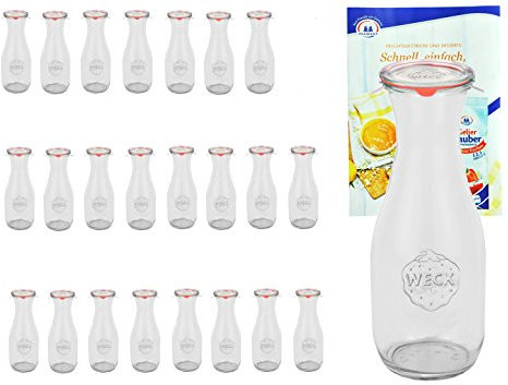 MamboCat Weck Set de 16 bocaux 530 ml 1/2 avec 16 couvercles en verre, 16 joints de fraîcheur 32 pinces avec livret de recettes Weck Bouteilles en verre pour jus de fruits sauces huiles