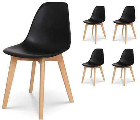 Kosmi - Lot de 4 Chaises Noires Style scandinave modèle Gabby - Coque en résine Noire et Pieds en Bois Naturel