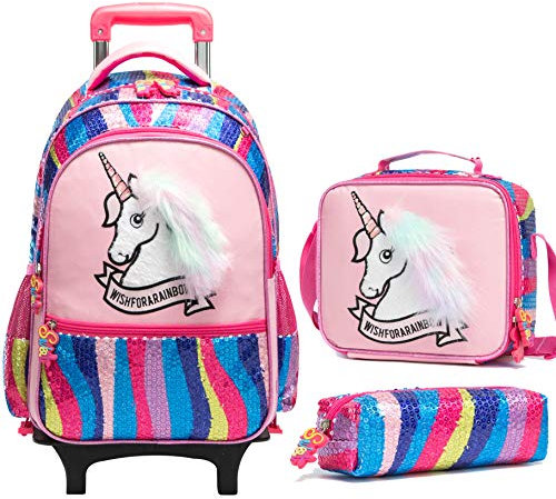HTgroce Magische Pailletten Einhorn Schulranzen Rucksack Trolley mit 2 Rollen für Kinder Mädchen,Nylon,Kinder Schultrolley Geeignet für Schule und Reise,Mit Essensbeutel und Federmäppchen,Pink