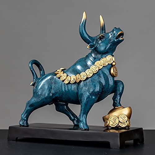 Bronze statue, Stier Harz Dekoration, Office Decor bulle und bär figuren, Wohnzimmer Dekoration Statue, Geeignet FüR Schlafzimmer, Studie, Weinschrank, BüRo, Kunst Geschenk,Blau,27*13*27cm