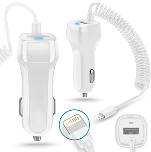 USB Ladegerät Auto Ladekabel kompatibel mit Apple iPhone 14 12 11 Plus Pro Max SE 2022 2020 USB Typ C Anschluss 3,1A 15W und mit USB Steckplatz Kfz Adapter Lade Daten Gerät Schwarz, Farbe:Weiß