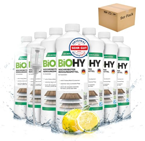 BiOHY Wischroboter Reinigungsmittel für Holzböden (9 x 1 Liter) + Dosierer | Bodenreiniger Konzentrat | Laminat & Parkettpflege | Bodenreiniger Mittel mit streifenfreiem Glanz | Schaumarm