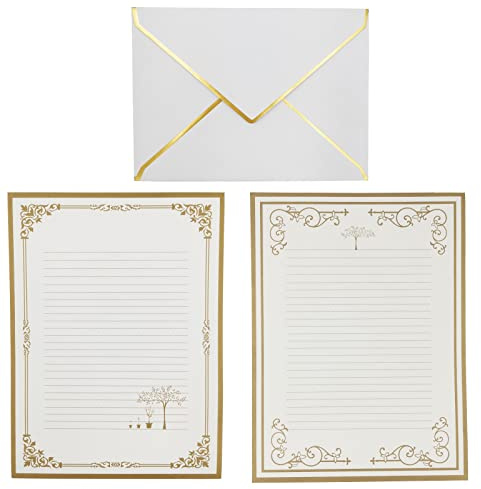 DUGYIRS 30 Stück Umschläge mit Goldrand,Selbstklebende Umschläge mit V-Klappe und 32 Stück Briefpapier für Hochzeit,Einladungen, Grußkarten, Postkarten,Party(Weiß)