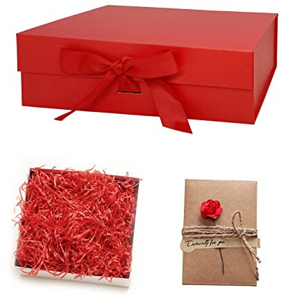 Idota Geschenkbox mit Deckel, Geschenkschachtel Rot Magnetische Geschenkboxen mit Schleifenband, Grußkarten, Füllmaterial, Geschenkboxen für Hochzeit Geburtstag Weihnachten Jubiläum (Rot-S)