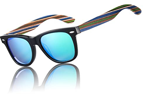 DUCO Retro-Holz Polarisierte Sonnenbrille Herren Damen Fahrerbrille 2141 | Umweltfreundliche Anglerbrille mit Walnussbügeln für Männer, UV400-Schutz Verspiegelte Linse Kat. 3, Geeignet als Geschenk