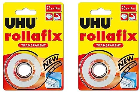 UHU rollafix Klebefilm, Transparentes Klebeband mit passendem Abroller, 19mm x 25 m (Packung mit 2)