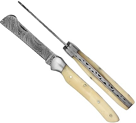 Laguiole Artisan Élégance 3723 DAMAS - Greffoir élégance 10 cm - Poignée pliante en os Camel - Couteau de poche en acier Damascus forgé à la main - Acier au carbone, Os