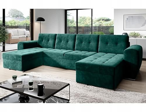 Easy4You Ecksofa BARI Velours in U-Form 326 x 97 x 157 cm mit Schlaffunktion und Bettzeugbehälter - Schlafsofa mit Bettkasten - Eckcouch mit Stauraum - Farbe: Monolith Flaschengrün (MO37)