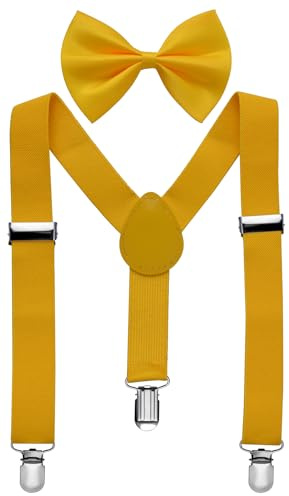 Miobo Bretelle unisex con papillon per bambini: eleganti e pratiche, con tre clip, giallo., S