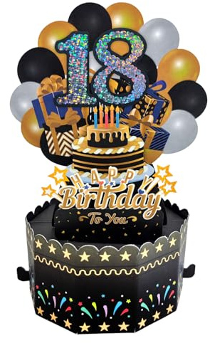 18.Pop Up Geburtstagskarte,Schwarze Gold Grußkarte 18er Geburtstag 3D Popup Karten Glückwunschkarte mit Umschlag Frauen Männer Geschenkideen