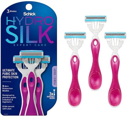 Schick Hydro Silk Ultimativer Schamhautschutz, Einweg-Rasierer für empfindliche Haut, Schamhaar-Rasierer für Frauen, Bikini-Rasierer, Damenrasierer, Bikini-Linie, 3 Stück