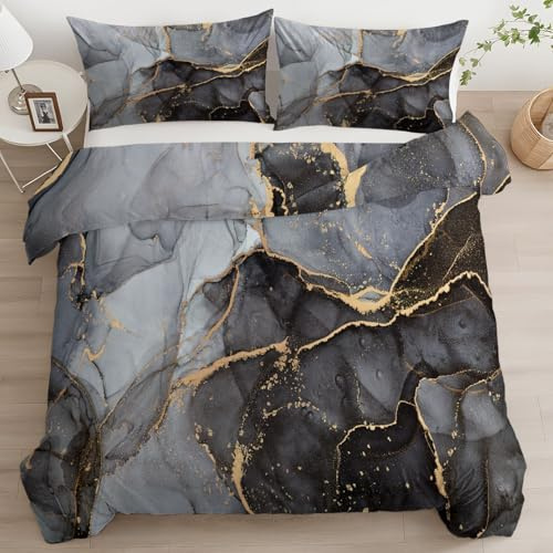 XCQHZYQ Marmor Bettwäsche 180x200 Schwarz Grau, 3 Teilig Bettbezug Microfaser Modern Marmoriert Bettwäsche-Sets Einzelbett Doppelbett Aesthetic Deckenbezug mit Reißverschluss Kissenbezug 80x80 cm