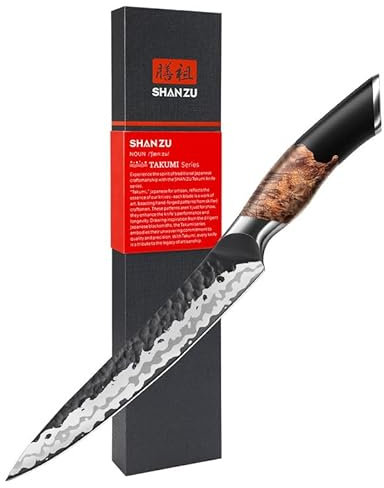 SHAN ZU Allzweckmesser Japanisches Kochmesser, 7 Schichten Hochwertigem Carbon Stahl Tranchiermesser, Ultra Scharf Profi Küchenmesser mit ergonomischem Ahornholzgriff Utility Knife