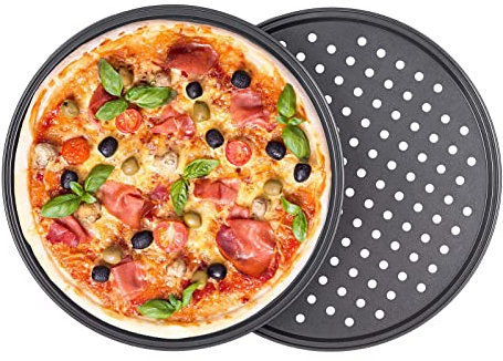 Lot de 2 Plaque à Pizza, Ronde Moules à Pizza en Acier Carbone, Perforé, Antiadhésif Pizza Baking Tray Plat à Pizza pour Pizza Tartes Flambées (∅26 cm)