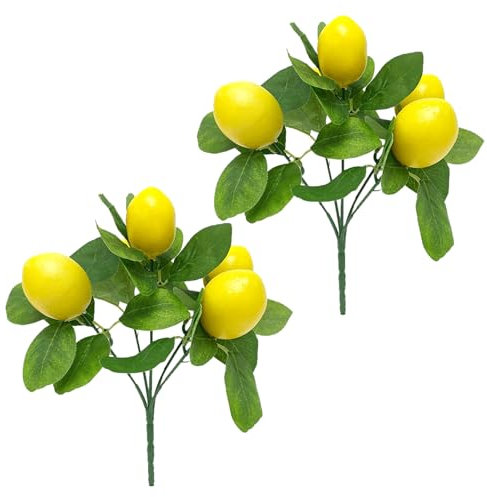 YLSZHY 2 Stück Künstlicher Zitronenstrauß, Künstlicher Zitronenzweig-Stiel-Blumenstrauß mit Künstlichen Blättern und Früchten für Zuhause, Küche, Hochzeit, Party, Dekoration, Tischaufsatz(25cm)