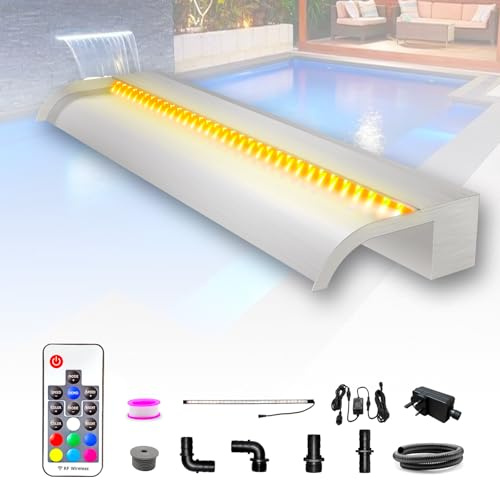 LONGRUN 90cm Teich Wasserfall Klingen Set, 304 Edelstahl Gebogener Wasserfall mit 7 Farben LED und Fernbedienung, Breite 25.5cm