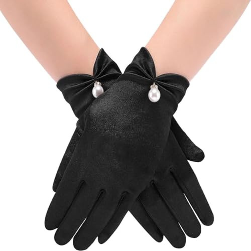 NT-ling Short Satin Gloves Wrist Length Gloves Women's Gown Gloves Opera Wedding Banquet Dress Glove for Wedding Opera Dinner Party (Black)