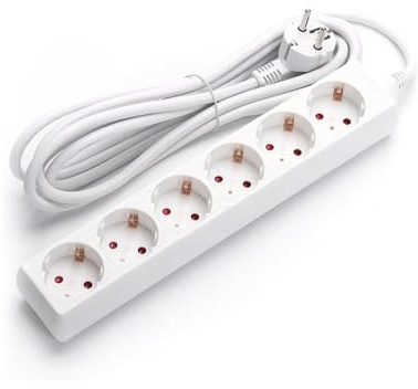 Multiprise 6 Voies 5 m 3G 1,5 mm², Blanche, idéale pour connecter Plusieurs appareils électriques de manière sûre et ordonnée.