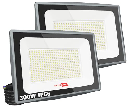 HOOLED 2 Stück LED Strahler Außen 300W 30000lm 6500K CRI80+ Flutlicht Spotlight für Garten und Terrasse – Starke, IP65 Wetterfeste Beleuchtung (300W-2PC)