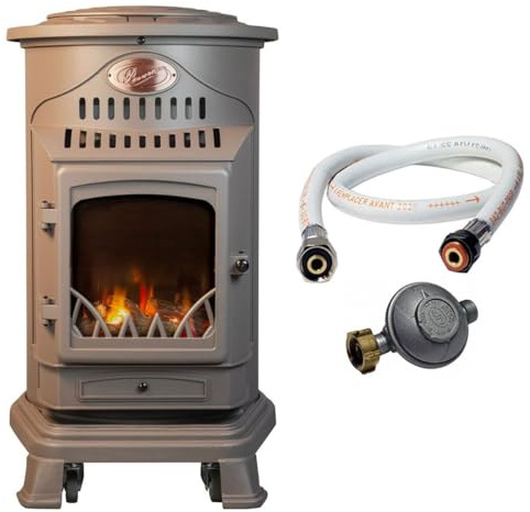 Universal - Poêle à gaz Provence 3,4 KW Marron Effet poêle à Bois Fonte véritable Chauffage d'appoint à gaz + Tuyau gaz et détendeur