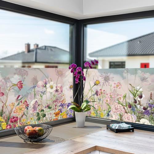 Milchglasfolie Rosa Blumen Lila Fensterfolie Selbstklebend Milchglasfolie Fenster Bad Fenster Sichtschutzfolie Fensterfolie Blickdicht Folie für Fenster Folie Fenster Sichtschutz 58x180cm/2 Pcs
