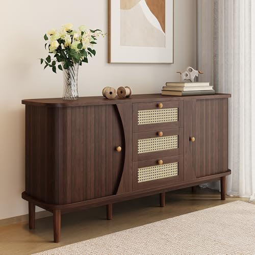 Dolamaní Aparador de 140,5 x 40 x 76 cm con 3 cajones de ratán y 2 puertas correderas, patas de madera maciza, cómoda (natural)