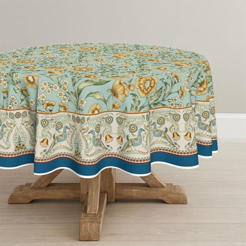 Artoid Mode Boho Vintage Pavo Real Flores Hojas Estilo Rural Mantel Redondo 140 cm Protección contra Manchas Ropa de Mesa Cocina Decoración Fiesta Decoración