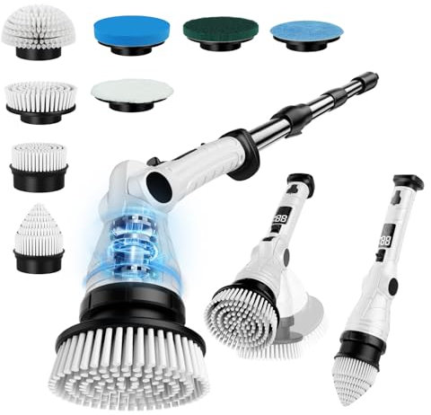Electric Spin Scrubber, Power Electric Scrubber for Cleaning, Shower Cordless Cleaning Brush with 6 Adjustable Angles,8 Brush Heads, 3 Speed Mode, Electric Cleaning Brush for Bathroom/Tub/Floor/Tile