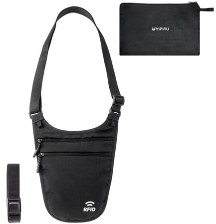 Crossbody Money Belt for Travel Women & Men Hidden, Travel Wallet Pouch - Slim Passport Holde, RFID Blocking Neck Wallet Under Clothes to Protect Cash, Credit Cards and Documents (BLACK)