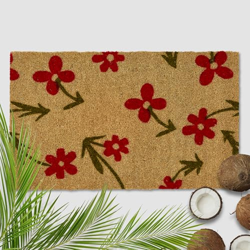 Astra Felpudo exterior flores rojo coco 60 x 90 cm natural – 16 mm – Felpudo de coco exterior e interior – felpudo antideslizante – Felpudo atrapa la suciedad muy resistente