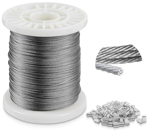 2mm steel wire 304 Stainless Steel Wire Cable 100m, 7x7 Strand Core Multi-Purpose Metal Cable for Gardens, Hanging, Outdoor Use, 250kg Breaking Strength with 100 Aluminum Loops