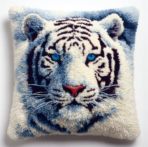 Taxpy 43X43Cm Diy Knüpfkissen Zum Selber Knüpfen Knüpfhaken-Set Weißer Tiger Im Schnee Süße Tiere，3D-Kissen，Materialien，Paketbezug，Knüpfhaken-Set，Kissen-Stickset，Bastel- Und Heimdekoration