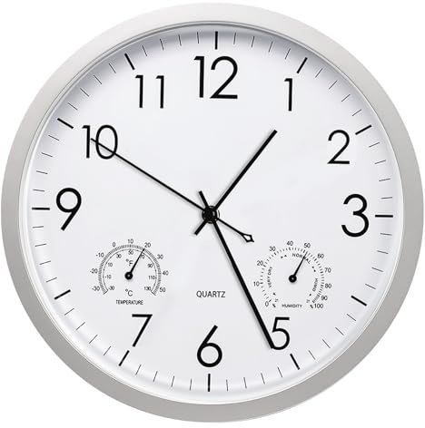 PORFOYO Gartenuhr Wetterfest Wanduhr Ohne Tickgeräusche mit Temperatur und Luftfeuchtigkeit, Wanduhren 30CM, Küchenuhr, Große Wanduhr Modern für Wohnzimmer Küche Büro Zuhause Schlafzimmer(Weiss)