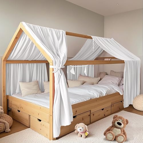 FloraVigo Hausbetthimmel 2 Stück, handgefertigt aus 100% Baumwoll-Musselin, Stoffhimmel zur Hausbettdekoration, für Mädchen und Jungen (65 x 270cm Weiß)