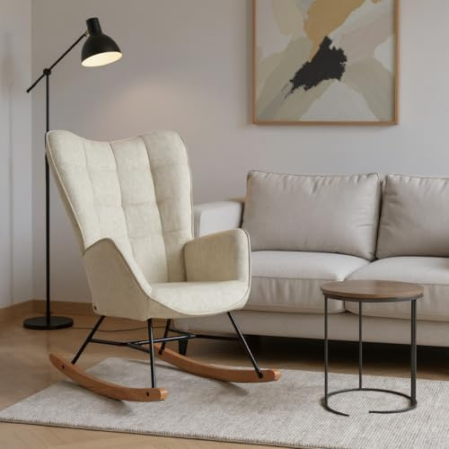 MEUBLE Cosy Relaxsessel, Bequemer Schaukelstuhl, Schaukelsessel für Wohnzimmer aus Stoff mit Holz und Metallfüßen