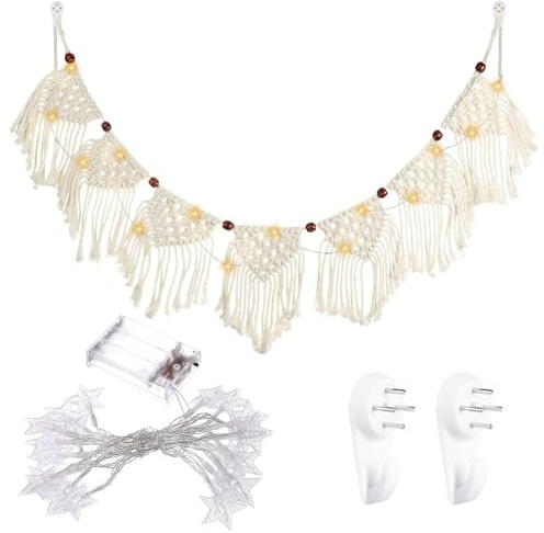 Makramee Wandbehang Boho Lichterkette - Handgewebt Makramee Wandteppich Fransengirlande mit 3 Meter 20 LED Lichterkette Gewebte Wanddeko Deko Wanddeko Banner für Wohnzimmer Schlafzimmer Hochzeit Party