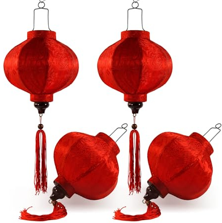 Set mit 4 kleinen asiatischen Laternen aus Seide, rot, Durchmesser 15 cm – traditioneller Hoi an Lampion aus Stoff, Bambus und Holz – Dekoration und Handwerk aus Vietnam (S64-0663)