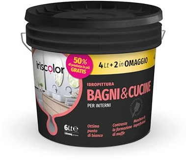IRISCOLOR Pittura Bianca Per Interni Traspirante 4+2 LT Per Bagni e Cucina Ideale Per Ambienti Umidi Vernice Bianca Muro Interno ad Alta Resa Vernice Muro Acrilica Effetto Opaco