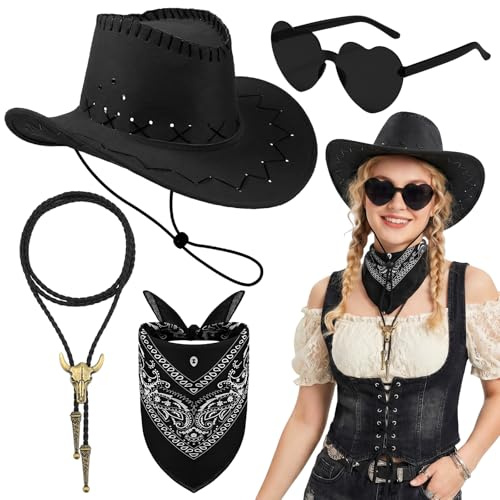 4 Stück Cowboyhut Accessories Set, Western Cowboy Outfits Zubehör Kit mit Cowboyhut Herzförmiger Sonnenbrille Paisley Halstuch Stierkopf Bolo Tie für Damen Herren Halloween Maskeraden Partys (Schwarz)