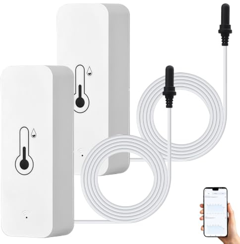 Lot de 2 thermomètres hygromètres WiFi intelligents avec capteur externe, intérieur et extérieur pour congélateur, aquarium, alarme d'application, moniteur à distance, fonctionne avec Alexa
