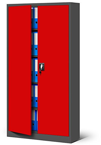 Jan Nowak Metallschrank Jan 185 x 90 x 40 cm - Metall Aktenschrank Abschließbar mit 2 Türen, Mehrzweckschrank mit 5 Ebenen, Büroschrank aus Stahlschrank mit Pulverbeschichtung - Anthrazit-Rot