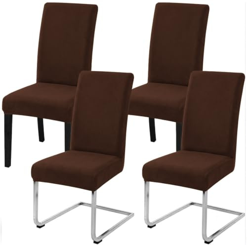LANSHENG Samt Stuhlhussen 4er Set, Waschbarer Stuhlbezug Schwingstühle | Stretch Stuhlhussen für Esszimmer Küche Restaurant, Braun