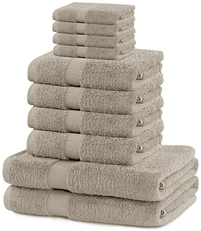 Uppsättning av 10 bomullskvalitet 525 g/m² 4 gästhanddukar 30 x 50 cm 4 handdukar 50 x 100 cm och 2 badhanddukar 70 x 140 cm beige absorberande marina