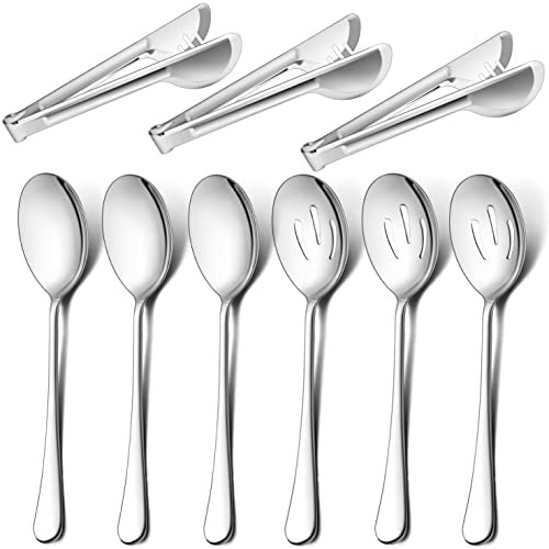 LIANYU 9-Piece Large Serving Utensils Set, 9.8 Inch Stainless Steel Buffet Banquet Catering Serving Spoons Forks and Tongs Set, Dishwasher Safe