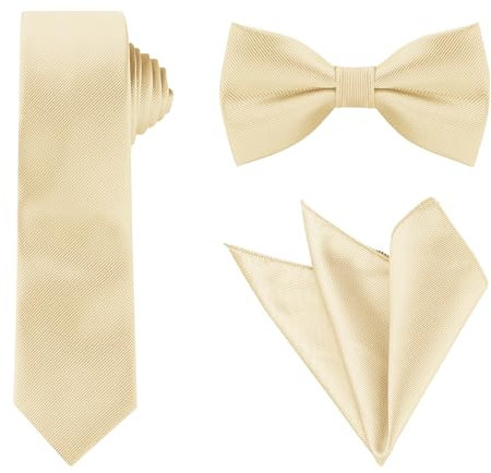 Allegra K Herren Quadrat Einfarbig Satin Fliegen Einstecktuch Krawatten-Set Champagner One Size