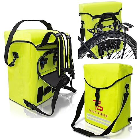 Thunderstorm 3in1 Fahrradtasche 27L für Gepäckträger mit Rucksack, reflektierende Signalfarbe, 100% wasserdicht mit Klappdeckel und Polster