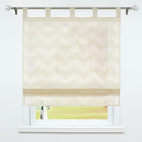 SCHOAL Raffrollo mit Schlaufen Raffgardine Landhaus Küche Gardinen Leinen Schlaufenrollo Wohnzimmer Vorhänge mit Wellen Muster Beige BxH 120x140cm 1 Stück